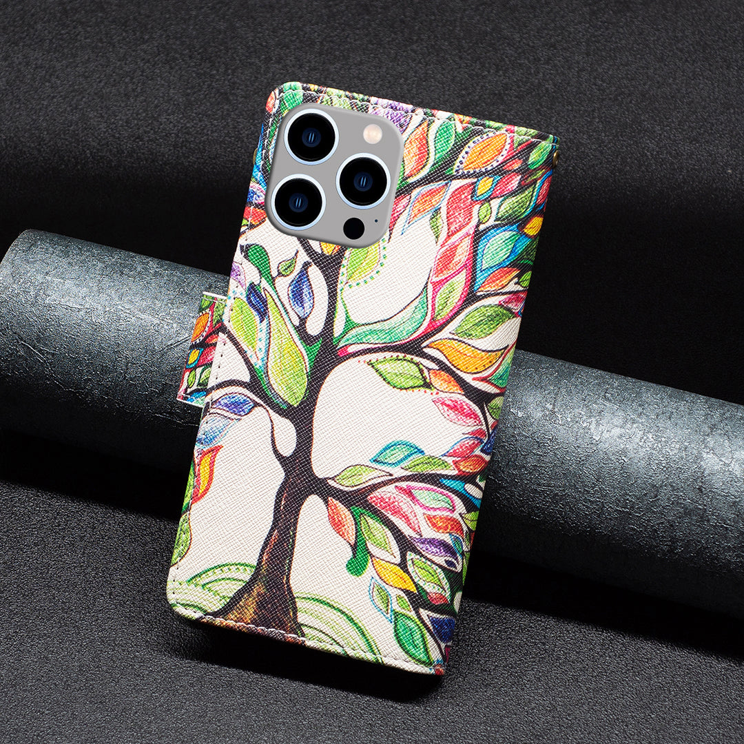 BF03 Zipper Pocket Phone Cover for iPhone 15 Pro Max , Pattern Printing Stand PU Leather Wallet Case - Life Tree BF03 Zipper Pocket Phone Cover for iPhone 15 Pro Max , Pattern Printing Stand PU Leather Wallet Case - Life Tree